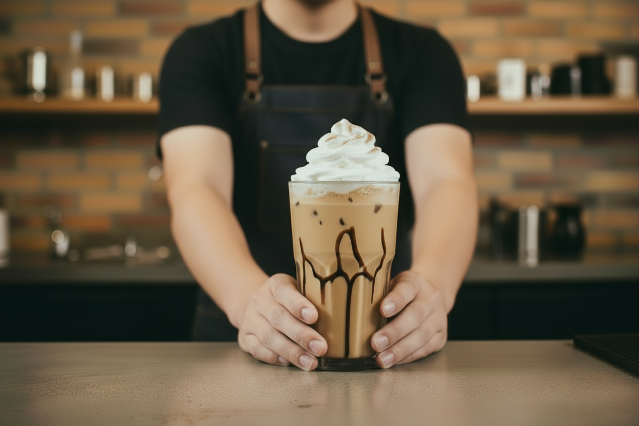 Barista with both arms extended placing a whipped cream coffee on the counter